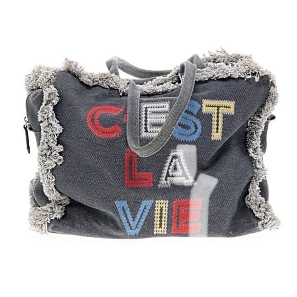 Karl Lagerfeld Paris Margot Fringe Denim Canvas Tote Bag 'CEST LA VIE' EUC - Picture 1 of 4